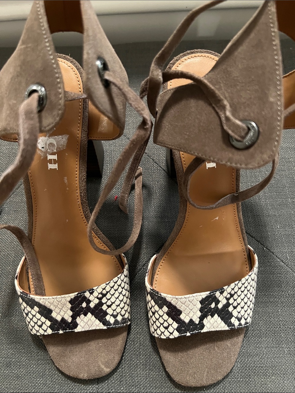 Coach Ferragni Taupe Suede Heeled Sandals with Snake-Print Strap